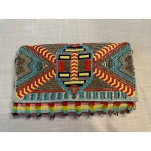 America & Beyond Beaded Boho Fringe Clutch Crossbody Bag Multi Color A472435